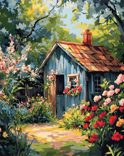 N.LANSHAN DIY Knüpfteppich Blumenbauernhauslandschaft Knüpfpackungen Für Teppiche Zum Selbermachen Für Familie Und Freunde,Handarbeit,Kreuzstich,Bastelset,Geschenk 90x120cm