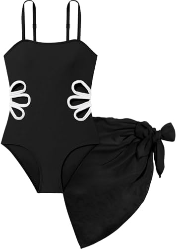 Fjquamitix Maillot de bain pour filles avec jupe de couverture, maillot de bain une pièce pour filles, maillot de bain de plage avec bretelles ajustables, Noir , 11-12 ans