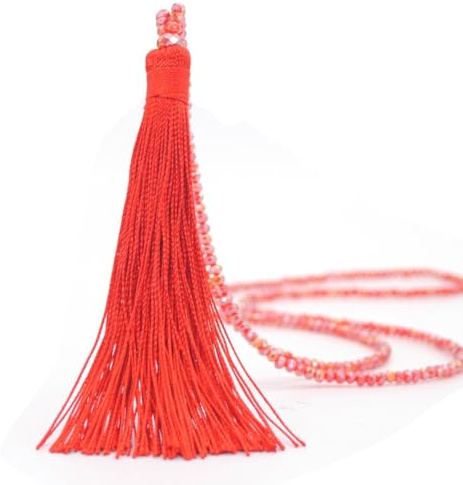 Blausky 1 Stück 90cm Lange Pullover Kette für Frauen,Retro Quasten kette Damen-Halskette Perlen Halsketten Bunt Kristall Bead Schnur Kette Böhmen Halskett Halsschmuck mit Quaste Anhänger,Rot