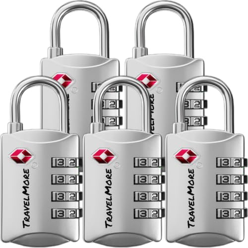 Lucchetto Valigia TSA Approvato | Lucchetti da Viaggio con Combinazione a 4 Cifre | Ideale per Valigia, Zaino, Borsa da Viaggio, Armadietto, ecc. | Confezione da 5 (Argento)