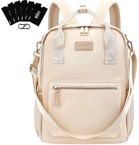 Leathario Rucksakck Damen 13.3 Zoll,Klein Diebstahlsicher Cityrucksack,Wasserdichtere Rucksackhandtasche,Eleganter Tagesrucksack für Büro,Pendeln,Arbeit,Backpack Women für Reisen Einkaufen Beige