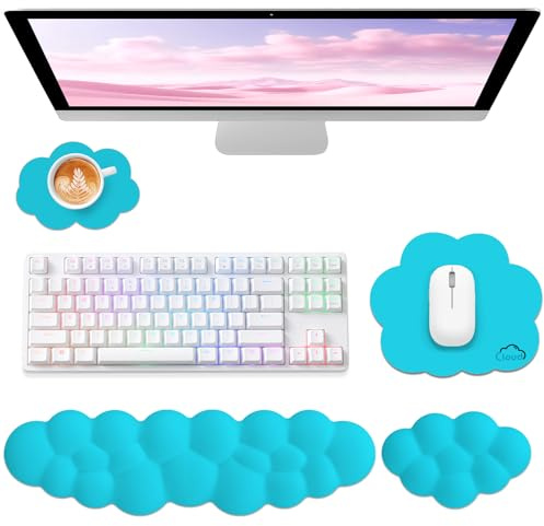 Sushret Cloud Wrist Rest for Computer Keyboard, 4-in-1 Memory Foam Leather Cloud Keyboard Wrist Rest and Mouse Pad Set with Ergonomic Support for Arm and Palm Cushion, Gaming/Work Setup, Scuba Blue