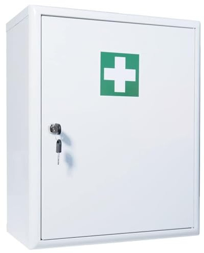 First Aid Products Verbandschrank C – inkl. DIN 13157 Füllung – Medizinschrank Metall, 3 Ablagefächer (2 verstellbar) + 2 Türfächer - Sicherheitsschloss - robust & wandmontierbar – 48,5 x 40 x 20 cm