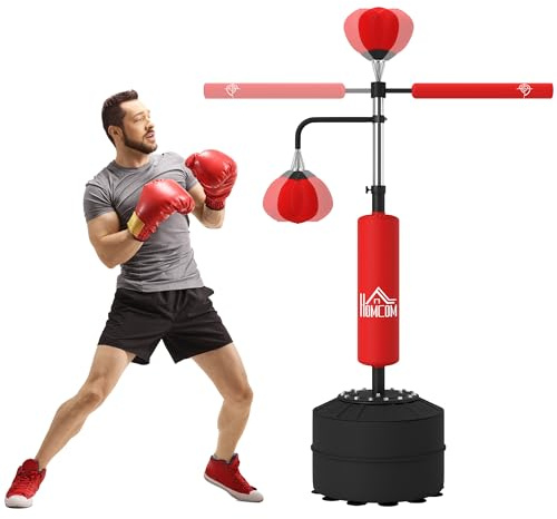 HOMCOM Sac de Frappe sur Pied 4 en 1, Punching Ball Autonome 2 balles de Vitesse Barre rotative 360° Gants Hauteur réglable 160-230 cm, Sac de Boxe pour Adultes, pour Boxe Muay Thaï Taekwondo, Rouge