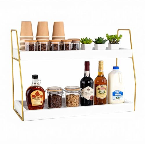 HYEPNED Coffee Bar Accessories,Coffee Station Organizer with Multi-Functional,Decor for Bar Accessories,2 Tier Wooden Shelf Gold Metal Station Organizer for Countertop,Syrup