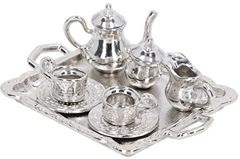 Mini Juego de té de Metal a Escala 1/12, Juego de Bandeja de Taza de té en Miniatura Realista para casa de muñecas, Accesorios para casa de muñecas en Miniatura, Juego de Fiesta
