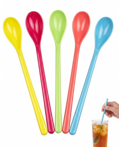 YIPFEN Cuillères Longues en Plastique Réutilisables, Lot de 5 x 18 cm, 5 Couleurs – Protection Thermique & Prise Stable, Idéal pour Café, Glace & Desserts