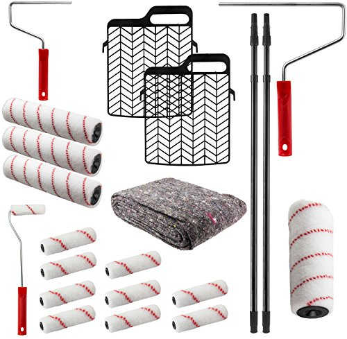 Malerset Maler Farbroller Malerwalze Farbwalze Bügel Teleskopstange Teleskopstiel Malervlies Abstreifgitter Set 22-tlg.