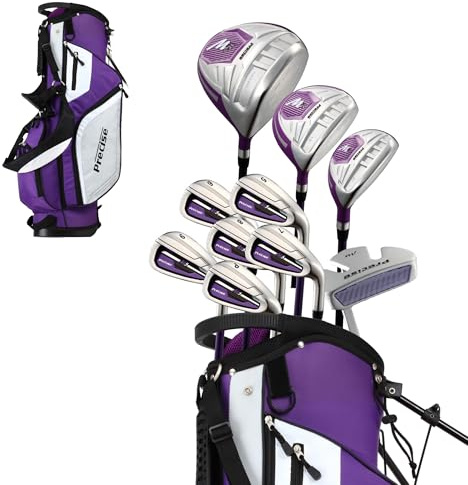 Precise M5 Women’s Golf Clubs Set – Complete Right-Handed Set with Titanium Driver, S.S. Fairway & Hybrid, 5-PW Irons, Putter, Stand Bag & Headcovers – Graphite Shafts – Purple – Petite/Standard/Tall