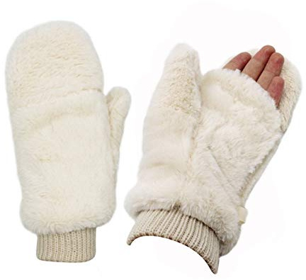 JUMISEE Women Winter Faux Fur Flip Cover Mittens Warm Soft Half Finger Fingerless Gloves