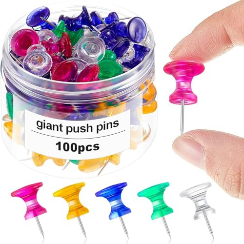 Outus 100 Pcs Giant Push Pins Large Thumb Tacks Plastic Heads 1 Inch Jumbo Push Pins for Cork Board Map Posters Office School(Red, Yellow, Blue, Green, Clear)