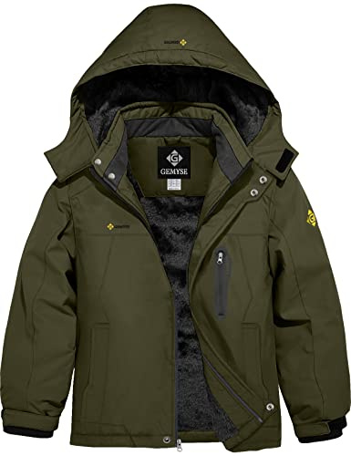 GEMYSE Chaqueta de Esquí para Niño Abrigo de Nieve Invierno Cortaviento con Capucha y Forro Acolchado(Verde Militar,140-146)