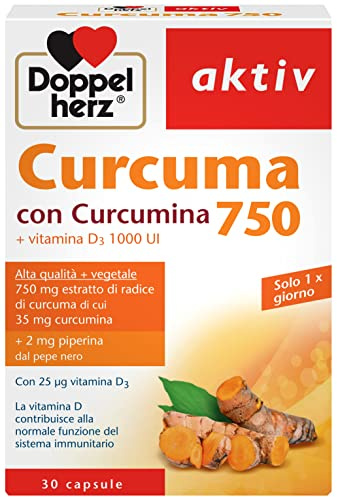 Curcuma 750 mg e Piperina - 30 capsule ad Alto Dosaggio - Integratore Curcumina con Vitamina D3 - favorisce il funzionamento del sistema immunitario – Doppelherz