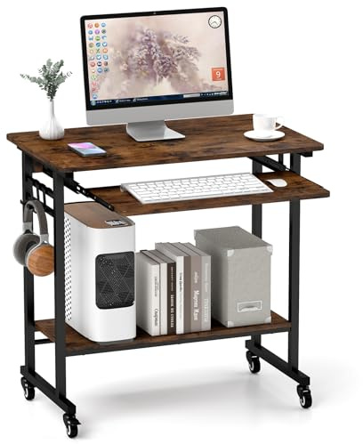 Tangkula Rolling Computer Desk Cart with Keyboard Tray, Mobile Portable Laptop PC Desk with CPU Stand & 3 Hooks for Sofa & Bed, Industrial Small Desk on Wheels for Small Spaces, Home Office Desk