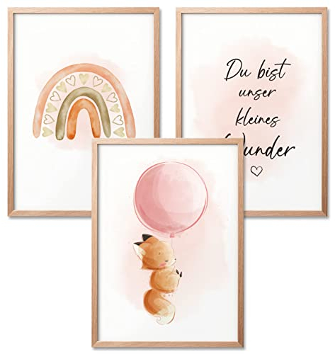 BIROYAL 3er Set Bilder für Kinderzimmer | DIN A4 | Wandposter | Kinderzimmer Deko | Premium Wandposter (Rosa)