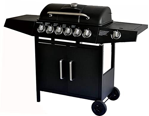 Barbecue 6+1 a gas, con vassoio raccogli olio, tavoli laterali, coperchio e ruote, per giardino, terrazza, campeggio