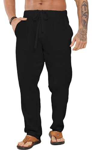 LVCBL Cotton Home Trousers for Men Solid Summer Beach Linen Trouser Pant Black XL