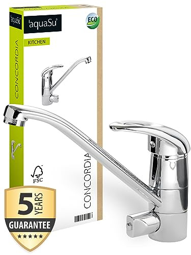 aquaSu® Spültischarmatur mit Geräteanschluss Concordia, Einhebelmischer mit Wasserspar-Kartusche, Wasserhahn für Spüle, Auslauf schwenkbar, Standard-Befestigung, Messingkern, chrom, 796019