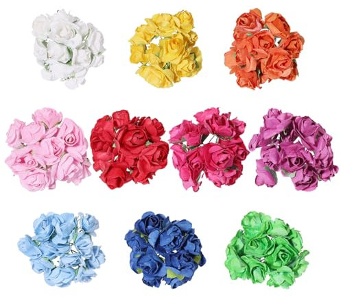 CHGCRAFT 120Pcs 10 Colors Artificial Paper Roses Flower Tiny Paper Mini Artificial Roses for Crafts Decoration Wedding DIY Crafts Party Supplies, 2.68x3.52x1.02inch