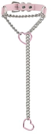 ADEMISHIA Handgefertigtes schwarzes Lederhalsband für Frauen, Punk Gothic Herz O-Ring Schlupfkette lange Halskette mit verstellbarer Schnalle (Rosa&Silber)