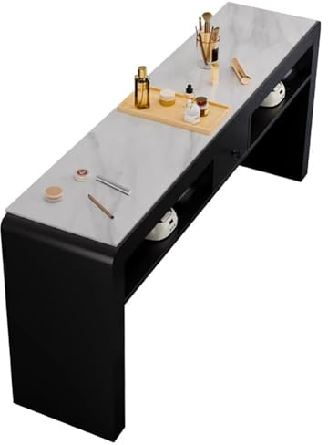 TT-YEC Maniküre Make -Up -Tisch Mit Schubladen, Marmor -Maniküre -Tisch, Hölzerne Schönheitssalon -Aufbewahrungsworkstation, Luxus Manicure Supplies Dekorationsstation, Schwarz,L140cm