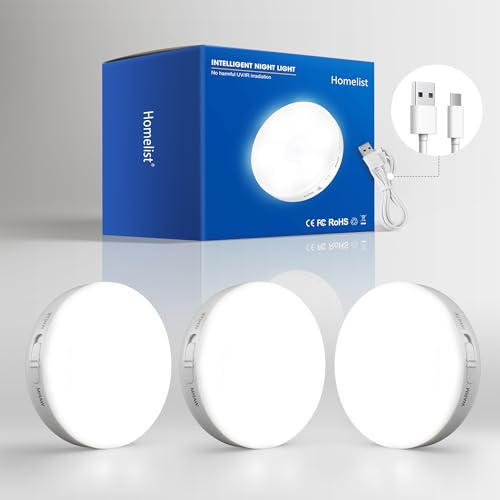 Homelist Motion Sensor Lights Indoor Rechargeable, 3 Pack Wireless Wall Night Light, LED Battery Operated Cupboard Puck Lighting for Stair, Bedroom, Bathroom, Kitchen Under Cabinet