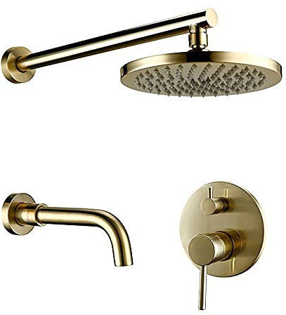 IUBGFTO Duschsystem, luxuriöses, matt gebürstetes Goldmessing, rundes Duschset für Badezimmer, gebürsteter Wasserhahn, Regendusche, Wandmontage, Kopfbrause, Mischbatterie, 12 Zoll (8 Zoll)