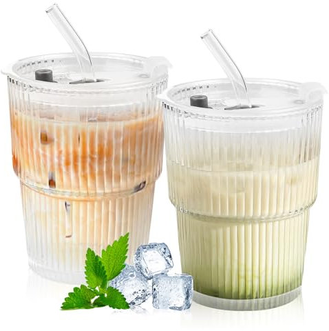 Fonyet 2 vasos de cristal con tapa y pajita, 400 ml, vaso de vidrio para batidos, vasos de matcha, vasos de café con herméticos, diseño impermeable para leche, té, latte, cócteles, whisky