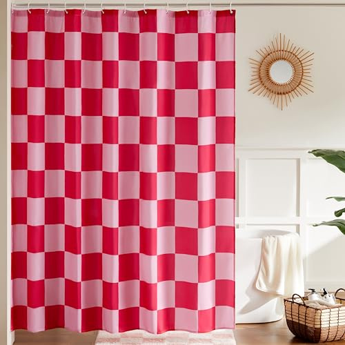 Ohocut Checkered Shower Curtain, Double Pink Plaid Shower Curtains for Bathroom, Cute Retro Checkerboard Shower Curtain Vintage Aesthetic, Machine Washable Fabric Bath Curtain, 180x180cm