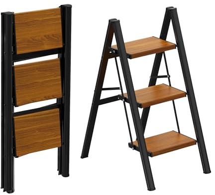 HBTower Step Ladder,Lightweight Aluminum Folding Step Stool with Anti-Slip Wide Pedal,330lbs Capacity Step Ladder for Household,Kitchen,Office - BlackWoodgrain