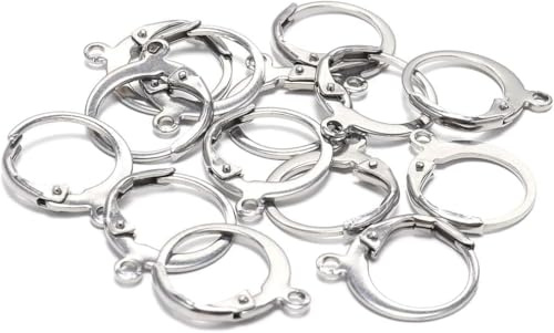 20 ganci a leva per orecchini in acciaio inox di grado chirurgico, anelli aperti con basi a cerchio da 14 × 12 mm, per gioielli fai da te (argento)