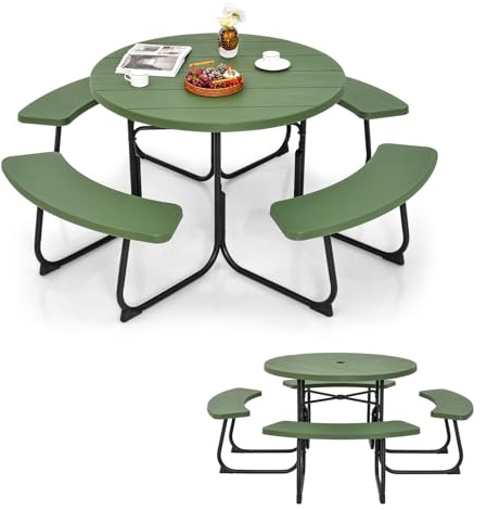 KOMFOTTEU Set di Tavolo da Picnic Rotondo per 8 Persone, Set di Sedie e Tavolo con Foro per Ombrellone, Mobili da Giardino con 4 Panche, in HDPE e Metallo, φ190 x 76 cm (Verde)