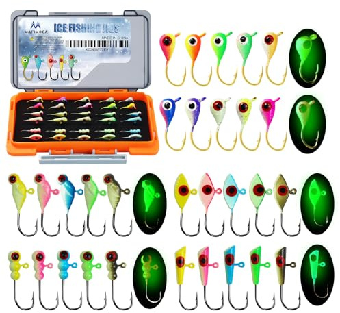 MAFIMOEA Ice Fishing Jigs Kit with Hard Box, 5 Styles Glow Jig Heads for Crappie, Walleye, Perch, Panfish. 30Pcs Premium Set with 3D Eyes - Portable Ice Fishing Gift & Tackle