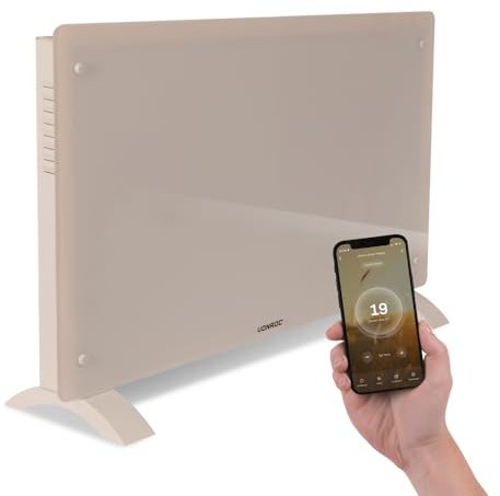 VONROC Smart Konvektorelement 2000W – Glaspanel & LED-display – WiFi via Tuya Smart Life App – Termostat, Timer, IP24, Barnlås – Tyst Elradiator för rum upp till 24 m² – Fristående/Vägg – Beige