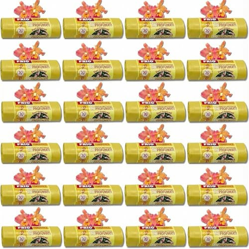FRIO Aroma – 360 bolsas de basura perfumadas 30 L, 24x15 uds, amarillo | Aroma Flores Tropicales | 52x58 cm | Bolsas resistentes pequeñas para cocina y reciclaje