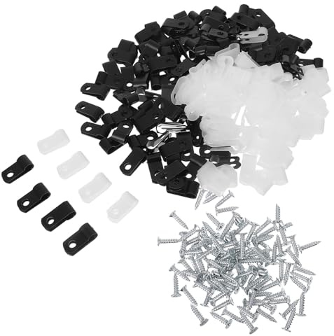 DOITOOL Clip Portacavi Tipo R con Vite 64Mm in Nylon 200 Pezzi Nero e Bianco per Gestione Cavi Elettrici e Fissaggio Cavi Esterni Supporti per Luci a Corda per Casa Ufficio e