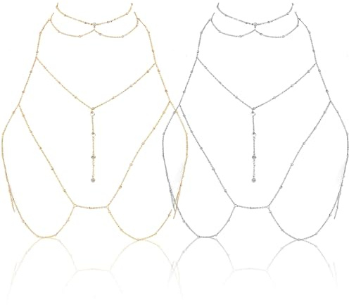 2 Pcs Cadena Del Cuerpo Cadena Corporal Para Mujer Sujetador,Caden Sexy Multicapa Cintura,Para Bikini,Para Diversas Ocasiones Como Ropa Informal Vestidos Noche Vacaciones En Playa Fiestas(Plata Oro)