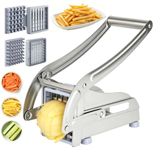 LOMUG Pommesschneider Edelstahl, Pommespresse, Kartoffelschneider Scheiben mit 2 Klingengrößen (36/64 Raster), Pommes Schneider Gerät mit Rutschfester Gummibasis, Pommes Maschine, Pommes Presse