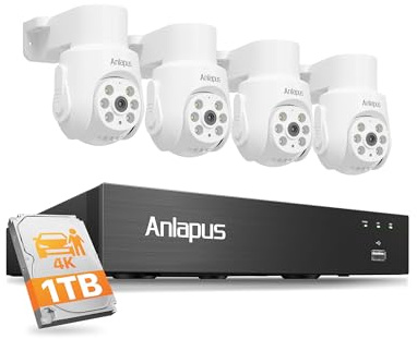 Anlapus 4K Wired CCTV Camera System, 8CH CCTV DVR with 1TB HDD | 24/7 Home Surveillance, 4pcs 8MP 360° Pan/Tilt Security Cameras Outdoor Indoor, Human Vehicle Detection, Night Vision