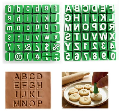 Seruno X Sellos Letras Letras Ceramica 72PCS, Sellos de Letras Mayúscula y Minúsculas Número, Para Cerámica, Galletas y Decoración de Pasteles Personalizados, Herramienta de Letras y Números