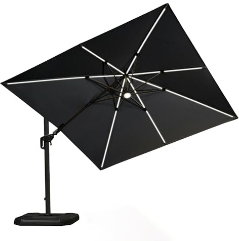 PURPLE LEAF Ombrellone da Giardino LED Solare 3 x 3 m con Base a Croce, Ombrelloni da Esterno Protezione UV 50+ con Inclinabile Bidirezionale di 60° e Rotazione di 360°, Grigio