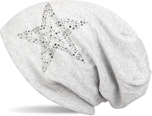 styleBREAKER Dam slouch beanie mössa med strass stjärna | glitter lång beanie av mjuk viskos | en storlek för vuxna, Ljusgrå fläckig, one size
