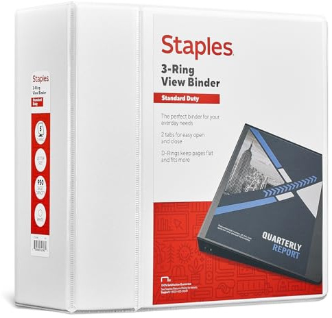 Staples Standard 5-Inch D-Ring View Binder, High Capacity Holds Up to 1,050 Sheets, White, for Presentations & Archiving