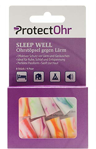 ProtectOhr – Ohrstöpsel Sleep Well, Packung mit 8 Ohrenstöpseln, weiche Schaum-Ohrstöpsel, extra hohe Geräuschdämmung, effektiver Schutz vor Lärm, ideal für absolute Ruhe, Schlaf und Entspannung, Bunt