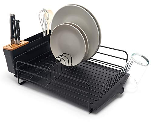 simplywire – Premium Dish Drainer – Plate Drying Rack with Cutlery Holder & Drip Tray – Black Powder Coated Steel