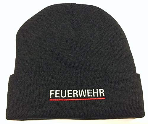 Pudelmütze Black, Silber gestickt Feuerwehr, rot unterstrichen, mit Thinsulate