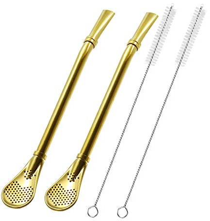 Lot de 2 gourdes à thé en acier inoxydable avec paille Mate Bombilla, cuillère à thé en vrac, bâton mélangeur pour thé glacé, café, cocktail, avec 2 brosses de nettoyage (doré)