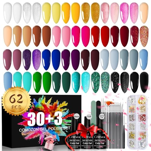 Comozon UV Nagellack Set, 62 Stück 30 Farben Gel Nagellack mit Unterlack,Glänzender & Matte Überlack, Diamant & Fluoreszenz Überlack, 15 Nagelbürsten Nagellack UV Gel Set für Nagel Design