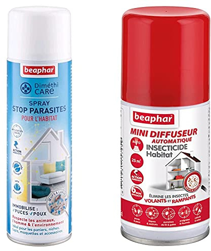 BEAPHAR – DIMETHICARE – Spray Stop parasites pour l’Habitat – 400 ML & Mini-diffuseur Automatique Insecticide Habitat – Tue Les Insectes Volants, rampants, Les œufs et Larves – 75 ML