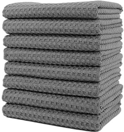 POLYTE Ultra Premium Microfibre Kitchen Dish Tea Towel Waffle Weave, 8 Pack (40x71 cm, Grey)